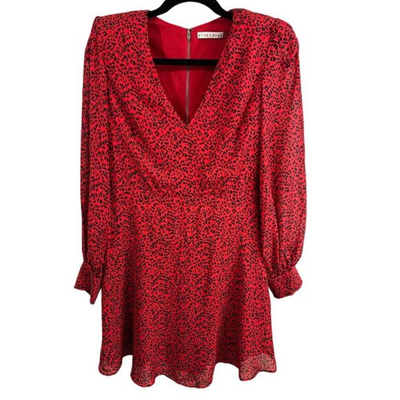 ALICE + OLIVIA Polly Red Leopard Print Long Sleeve Fit & Flare Dress Size 4 - Picture 2 of 14